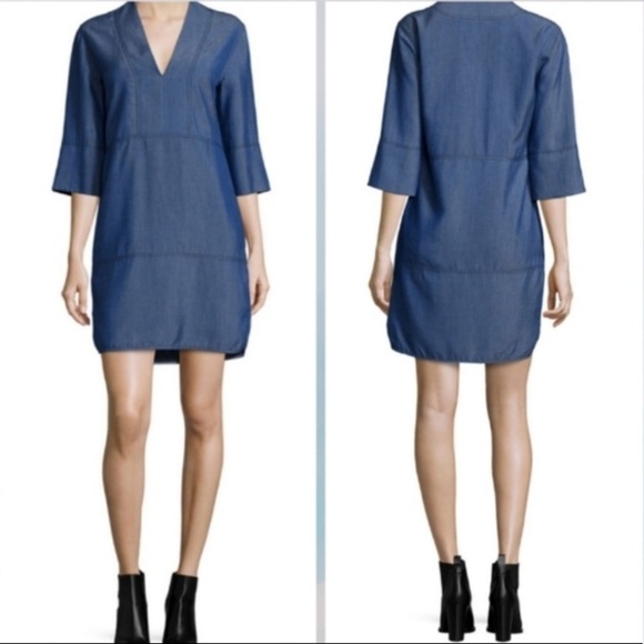 Vince Blue Chambray V Neck Shift Work Business Casual Dress Size Small - Picture 1 of 8